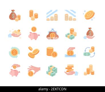 Collection of coins, money, earnings related icons Stock Vector