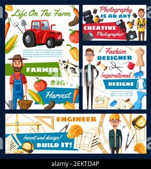 Farmer and photographer, engineer and fashion designer professions. Vector people work on farm, builder constructor and tailor. Harvest and tailoring Stock Vector