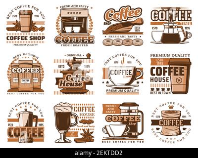 Coffee shop icons, brown symbols. Vector icons of drinks, grinder, premium quality, coffee maker machine, beans and latte steam in takeaway cup, donut Stock Vector