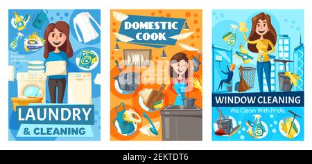 House and window cleaning, laundry and cooking. Vector housewife and washing machine, detergents and clean cloth, kitchen utensil. Household tools dus Stock Vector
