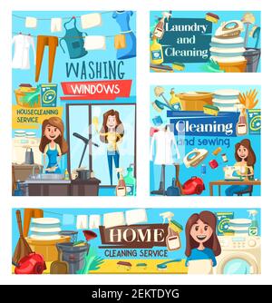 House cleaning service, professional laundry, sewing needlework and windows washing. Vector posters of housewife cleaning tools and items, floor mop, Stock Vector