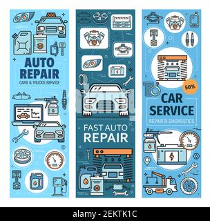 Auto repair, car and truck services linear icons. Vector fast vehicles computer diagnostics and maintenance, wash and oil change. Tire fitting, and pe Stock Vector