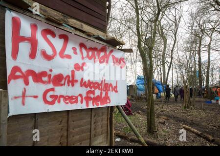 Steeple Claydon, UK. 23 February, 2021. A section of Poors Piece Conservation Project is pictured during an operation by National Eviction Team bailiffs acting on behalf of HS2 Ltd to evict activists opposed to the HS2 high-speed rail link from ancient woodland known as Poors Piece. The activists created the Poors Piece Conservation Project there in spring 2020 after having been invited to stay on the land by its owner, farmer Clive Higgins. Already, local village communities have been hugely impacted by HS2, with 550 acres of land seized including a large section of a nature reserve. Credit: Stock Photo