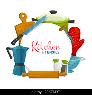 Kitchen utensils and appliances round frame. Vector cooking pot, bakery glove and colander, salt pepper containers, rolling pin. Electric coffee kettl Stock Vector