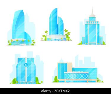 Business centers icons. Isolated buildings, exterior design. Vector tall constructions and towers of glass, modern architecture, real estate. Office s Stock Vector