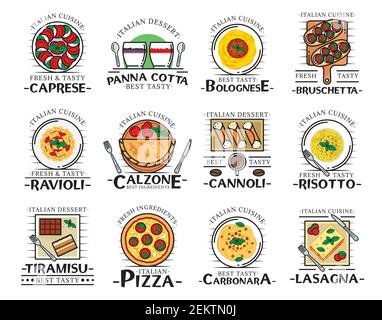 Italian food thin line icons of restaurant, cafe and pizzeria vector design. Pizza, pasta and spaghetti, tomato mozzarella and basil salad with brusch Stock Vector