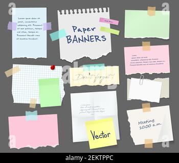 Paper sheets of notebook and note pad with torn edges stick on grey background with tape and paperclip. Vector pages with copy space for messages and Stock Vector