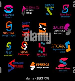 S letter corporate identity icons and company or brand name signs. Vector S business center, steel production industry and social investment group, co Stock Vector