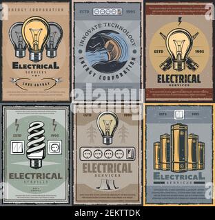 Electrical services and energy production industry. Retro vector electricity power generation, light bulb fluorescent lamps. Electric battery and swit Stock Vector