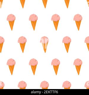 Seamless pattern with pink ice cream in waffle cone. Hand drawn vector illustration. Summer textile design Stock Vector
