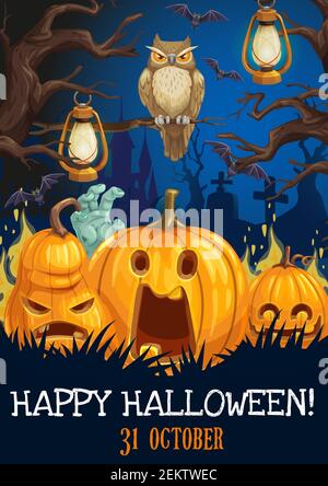 Horror pumpkins, bats and owl, Halloween greeting card vector design. Spooky lanterns hanging on creepy trees of graveyard and haunted house, tombston Stock Vector
