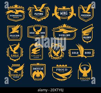 Vector heraldic golden hawk and eagle wings in shield, airlines and airport company, sport team and hunter club icons. Heraldic eagle icons, company a Stock Vector
