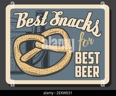 Beer and pretzel snack, Oktoberfest beer festival and brewery pub and bar vintage retro poster. Vector German bread bagel pretzel, beer pint mug and b Stock Vector