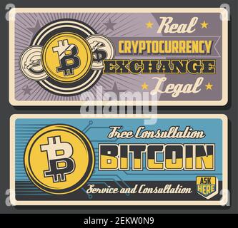 Bitcoin cryptocurrency exchange, crypto currency transactions blockchain vintage posters. Vector digital money mining and crypto coins payment technol Stock Vector