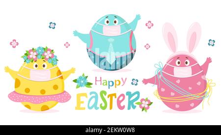 Happy Easter colorful greeting card. Three cheerful cute Easter character eggs. boy and girl - with face, eyes and hands. They have medical masks to Stock Vector