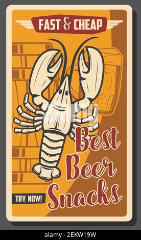 Beer bar fast food menu retro vintage poster, crayfish snacks. Vector Oktoberfest beer festival and brewery pub advertisement, pint mug and wooden bar Stock Vector
