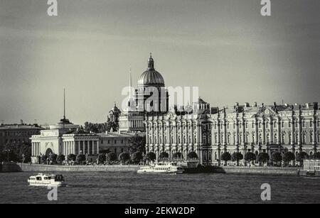 Neva river embankment in Saint Petersburg, Russia. Admiralty building and St. Isaac's Cathedral Stock Photo