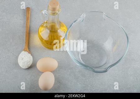 An empty glass plate with fresh chicken fresh eggs Stock Photo
