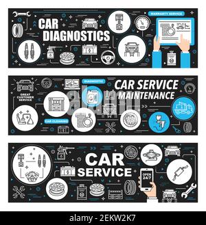 Car repair service, auto garage and mechanic maintenance thin line banners. Vector vehicles parts shop or restoration workshop and car wash station, a Stock Vector