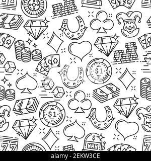 Gambling games vector seamless pattern background. Casino roulette, chips and dice, poker playing cards, lucky horseshoes and money, diamond, joker an Stock Vector
