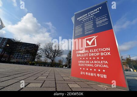 A Bergen County election ballot drop box stands outside the Fort Lee