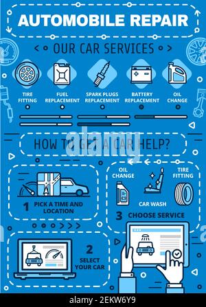 Car maintenance online service, repair and diagnostics auto center. Vector car engine oil replacement, wheel tire fitting and car wash, mechanic resto Stock Vector