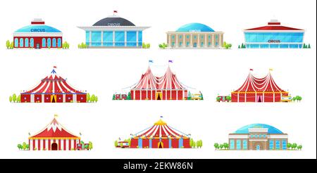 Circus tent, building and carnival marquee icons. Vector and big tops with flags, red white strips and balloons. Chapiteau, amusement park and funfair Stock Vector