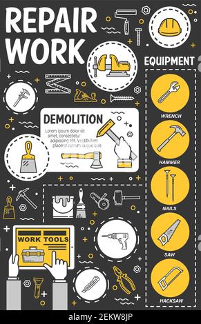 Work tools vector design of house repair, home construction and building equipment. Thin line hammer, drill and paint, toolbox, screwdriver and brush, Stock Vector