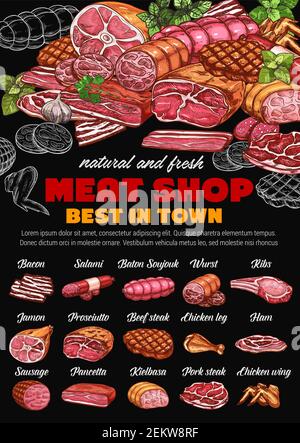 Meat shop, pork and beef sketches on chalkboard. Vector bacon and salami, baton soujouk and prosciutto , jamon and chicken leg. Butchery store sausage Stock Vector