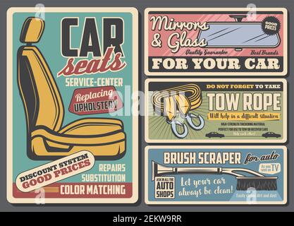 Car spare parts and auto accessories shop vector design. Car seat upholstery repair and replacement service, towing belts, rear view mirror and windsh Stock Vector