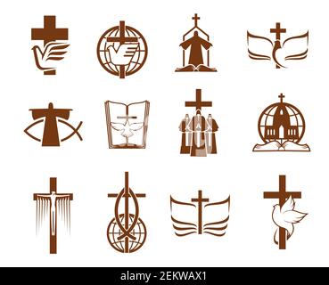 Jesus on cross, God Bible and dove vector icons of Christian religion. Religious prayers, priest and globes, angel, holy book and church, crucifix, pr Stock Vector