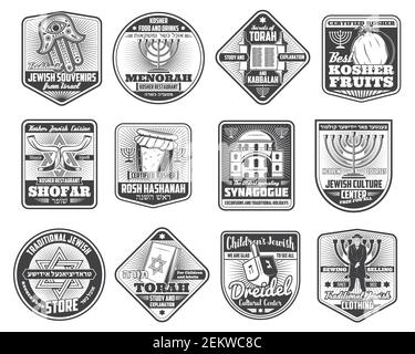 Judaism religion and jewish culture vector badges. Hanukkah menorah, torah and shofar horn, star of David, synagogue and hebrew rabbi, honey, jerusale Stock Vector