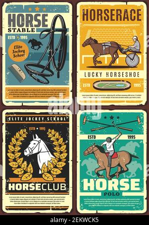 Horse racing, polo and riding club vector posters with race horses, jockey and rider at hippodrome. Equestrian sport racehorse, mallet and equine tack Stock Vector