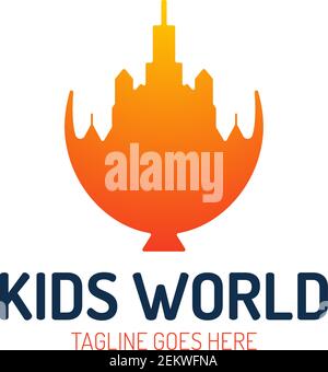 Air balloon with city inside kids logo. Vector logotype for child center or kids city club Stock Vector