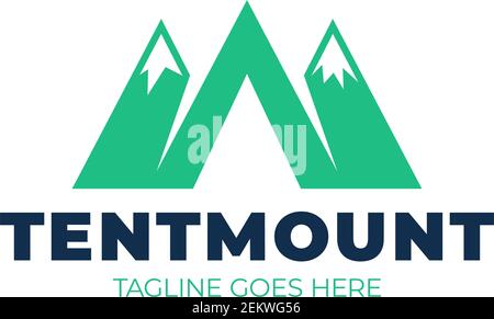 Logo of mountains in style of M or A and camping tent icon. Camp logotype Stock Vector
