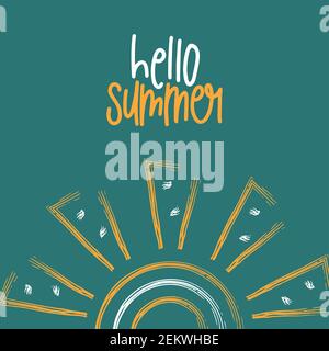 Vector illustration: Hand drawn lettering composition of Hello Summer with doodle sun. Handwritten calligraphy design Stock Vector