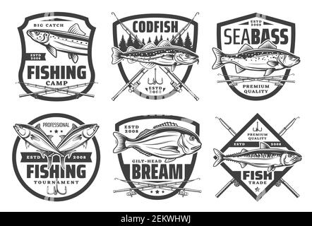 Fish And Fisherman Rods, Vector Fishing Sport. Bream And Catfish