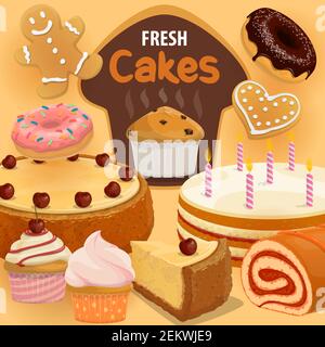 Pastry, desserts and sweet cakes, bakery shop. Vector cupcakes and chocolate, strawberry donuts, muffins and tiramisu. Patisserie confectionery, chees Stock Vector