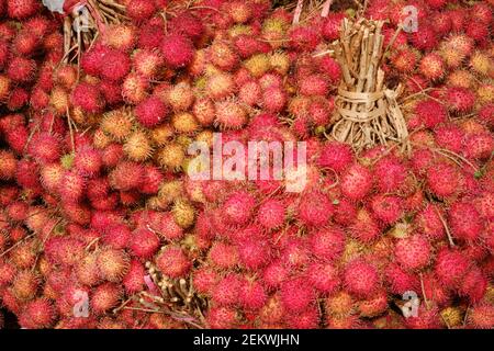 Rambutan skin texture in traditional fruit markets. a fresh red rind pattern with a tied stalk. Rambutan is a tropical plant belonging to the Sapindac Stock Photo
