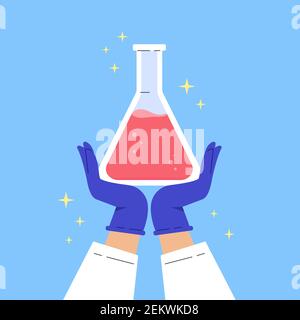 Lab experiment flask. Vaccine discovery concept. Stock Vector