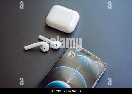 February 23, 2021, USA, New York: Clubhouse audio chat application view on the smartphone IPhone 12 pro. Clubhouse gained incredible popularity in Stock Photo