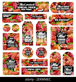 Meat food sale tags vector design with special discount price offers of pork sausages, beef steak and salami, ham, bacon and chicken, lamb brisket, ba Stock Vector