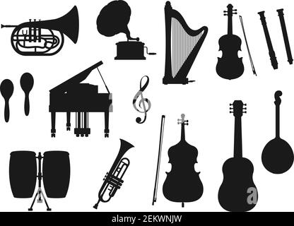 Musical instrument isolated monochrome icons. Vector classic, jazz and folk music tools. Retro drum and violin, piano and trumpet, maracas and horn. G Stock Vector