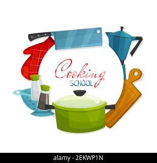 Cooking school and chef cook academy poster. Vector culinary and home cooking master class, catering service workshop course, kitchen appliances and k Stock Vector