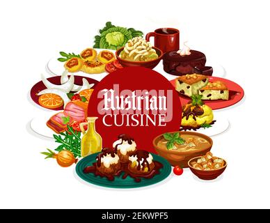 National food of Austria, Austrian cuisine dishes frame. Vector desserts and cup of coffee, vegetables and greens. Potato salad, vasilopita and sacher Stock Vector