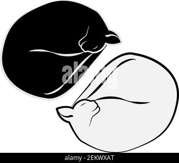 Two cats white and black sleeping curled tail Stock Vector