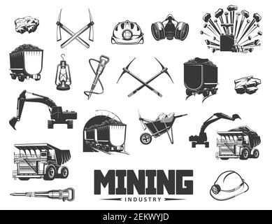 Mining industry isolated monochrome icons. Vector coal processing and production, extraction of minerals. Digging equipment, pick tools and wheelbarro Stock Vector