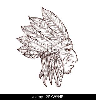 Indian face in profile with feathers. Logo for any sport team