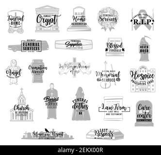 Funeral service icons, cremation columbarium and burial ceremony organization agency. Vector funeral hearse catafalque and mourning clothes rental, fu Stock Vector