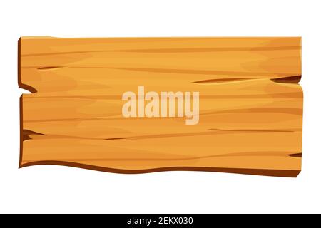 Wood sign, banner, wooden empty plank in cartoon style isolated on white background. Game assets, ui element. Textured material, frame for massage, de Stock Vector